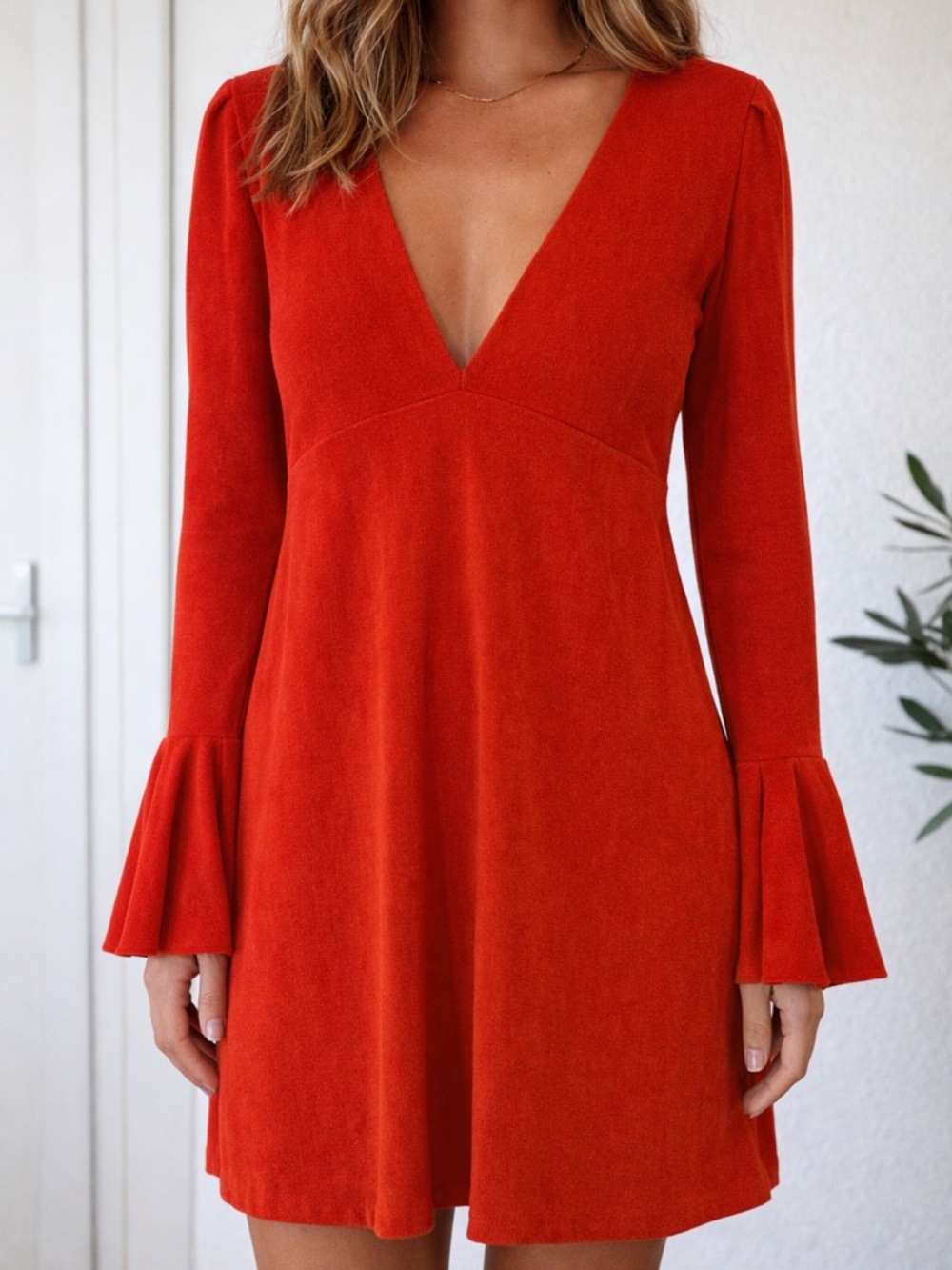 Free People Bright Red V-Neck Bell Sleeve Mini Dress